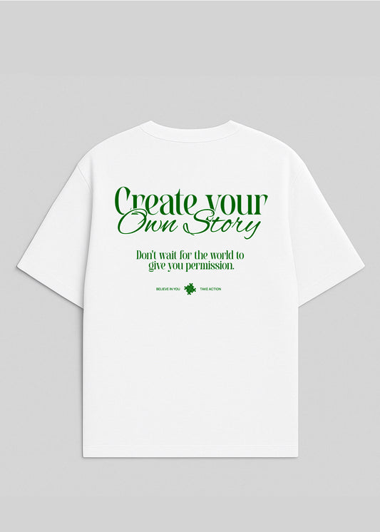 Camiseta Oversize Blanca - Create Your Own Story I New Citizen. Con lema estampado, corte para hombre, 100% algodón. Inspira acción, libertad personal y autenticidad. Empieza hoy a crear la vida que sueñas.